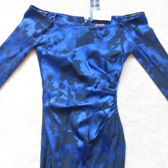 NWT LE CHATEAU cobalt blue and black abstract print off shoulder midi dr… - Picture 2 of 9